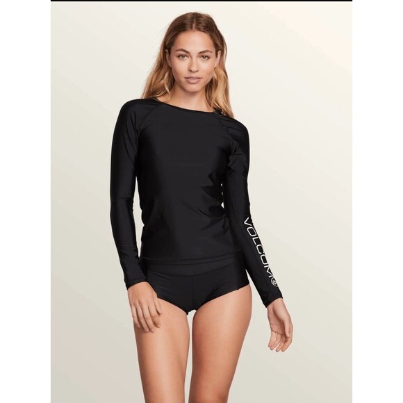 VOLCOM Black White True to This Long Sleeve Rashie Rash-Guard Swimsuit Top M - Picture 3 of 9